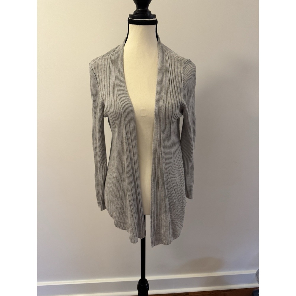 Eileen Fisher Petite Small PS Gray Ribbed Open Front Cardigan 100% Linen